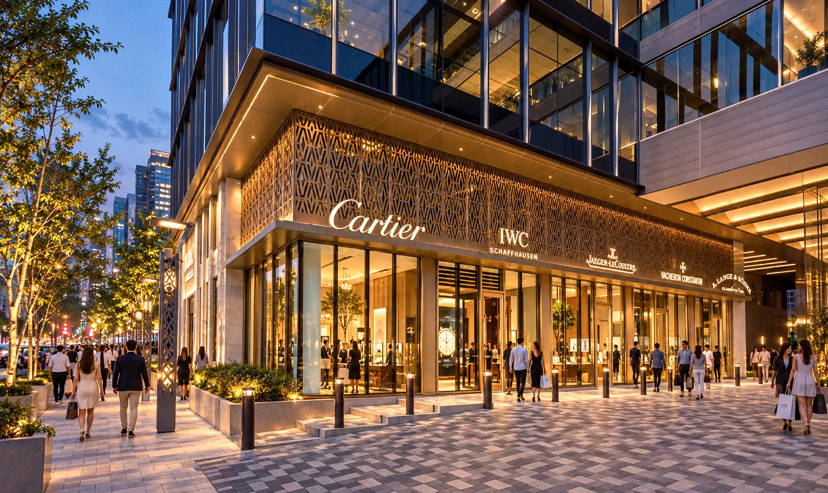 Evening view of luxury storefronts and shoppers along an outdoor shopping street