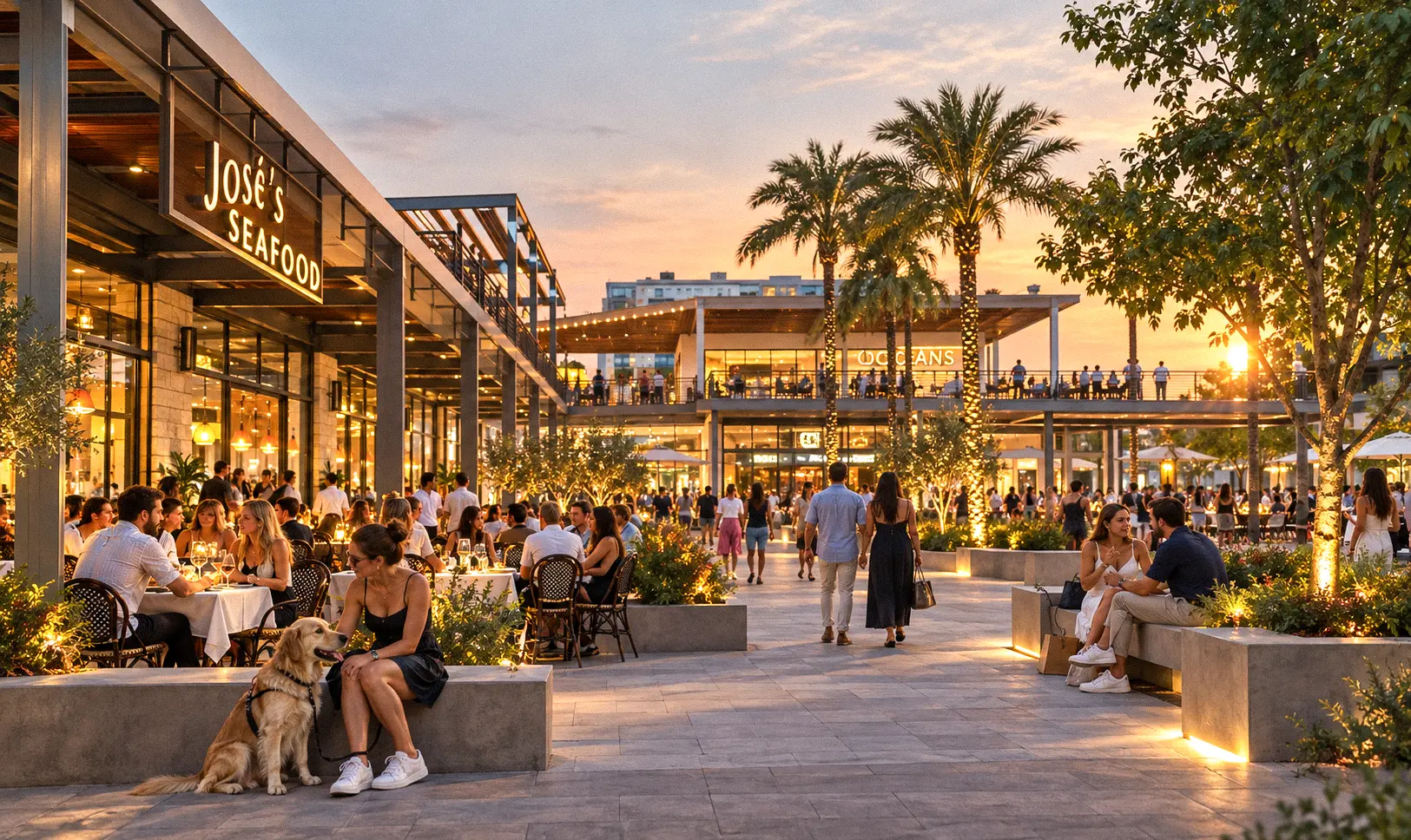 People dining and walking through an outdoor shopping area at sunset