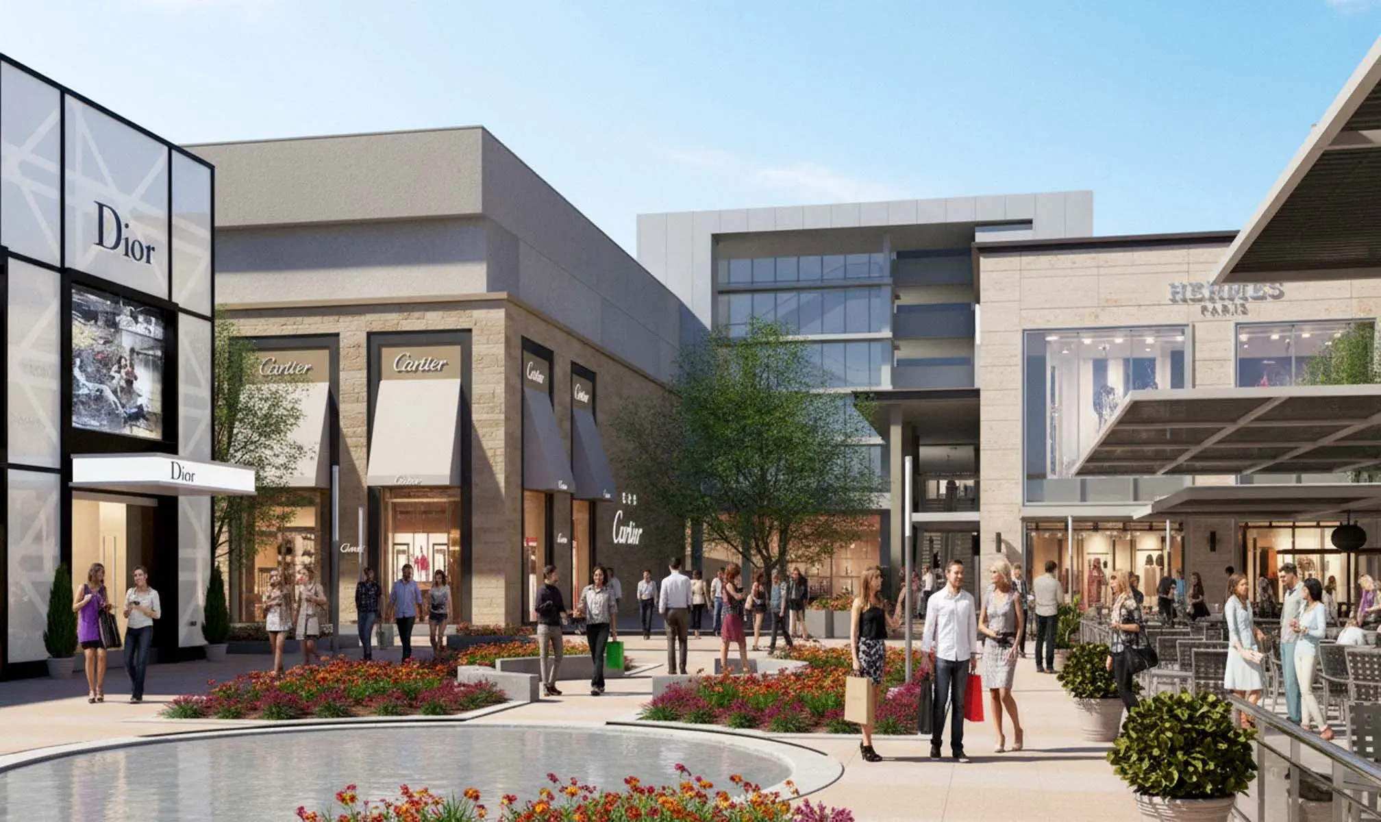 Stores along an outdoor walkway at River Oaks District