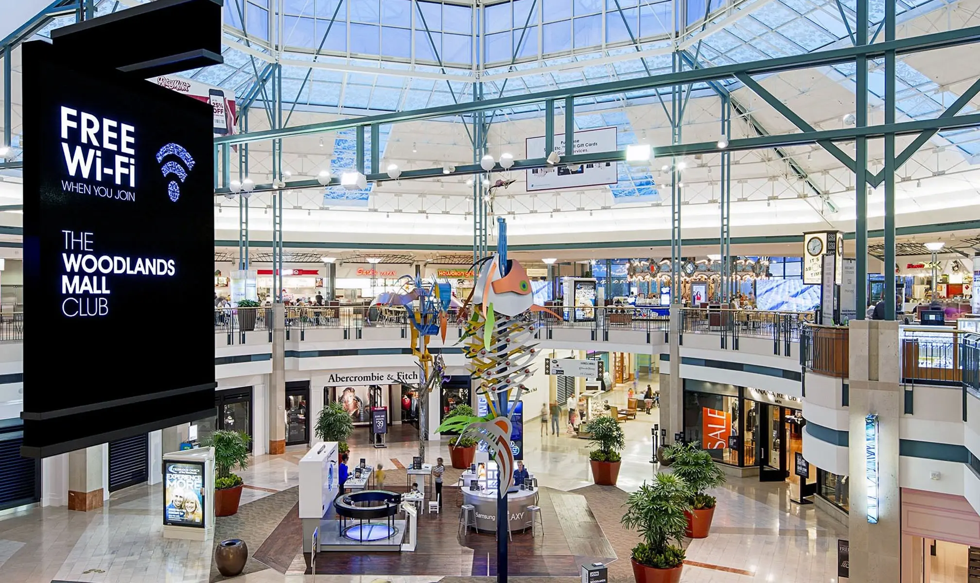 Stores and food court inside The Woodlands Mall